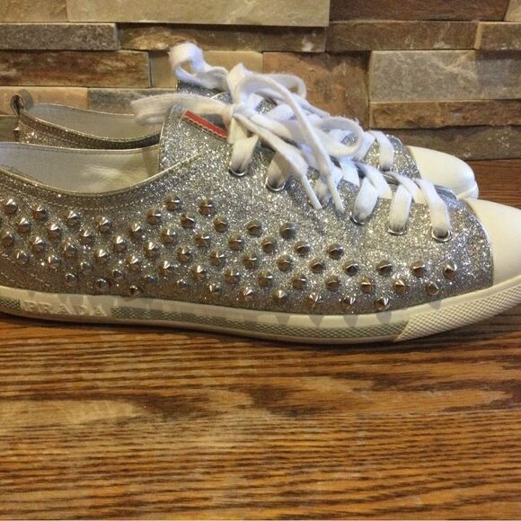 PRADA Silver Clitter Stud Low Top Sneakers - Picture 3 of 8